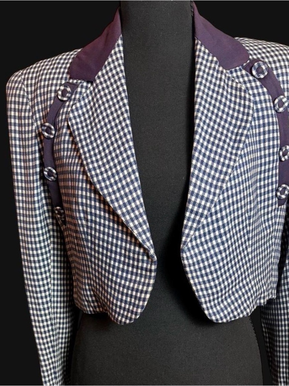 Vintage Blue Gingham Blazer with Purple Collar
